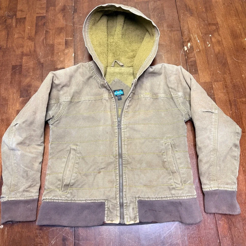 KAVU Sherpa Lined‎ Canvas Hooded Jacket Youth Medium Brown Zip Up Casual